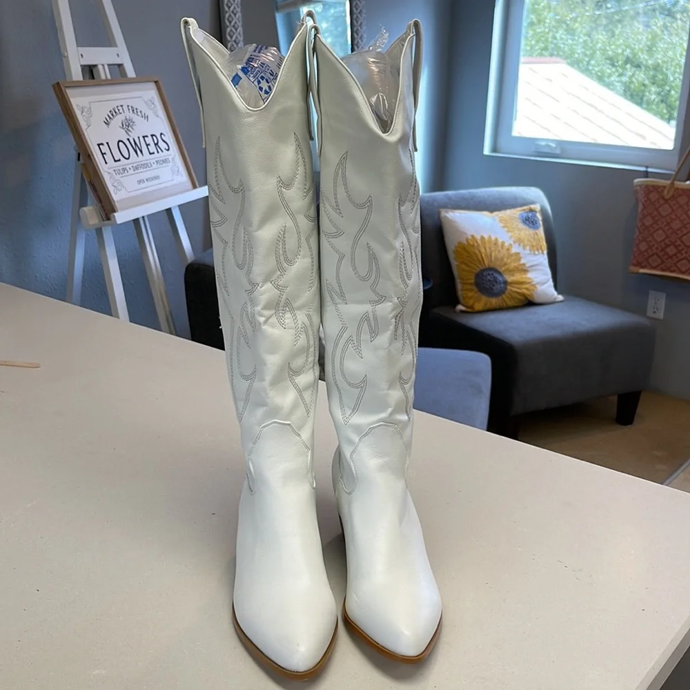 Billini Urson White Pointed-Toe Knee High Cowboy Boots_2